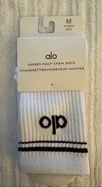 ALO Yoga Unisex White Crew Athletic Socks with Black Accent Logo - Size M (2) thumbnail 1