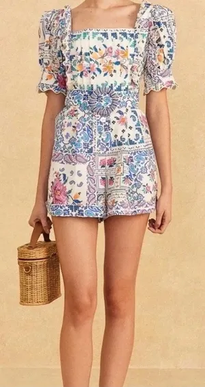 FARM Rio Floral Paisley Puff Sleeve Romper Beaded Belt Size XL NWOT thumbnail 1