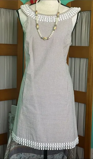 Tibi light brown & White Gingham Midi Dress with Crochet Trim thumbnail 1