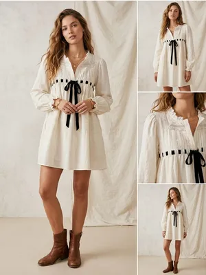 Free People Ivory Mini Dress with Black Ribbon Accent thumbnail 2