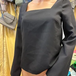 HM Black Square‎ Neck Long Sleeve Blouse Top XS Solid Minimalist Professional thumbnail 2