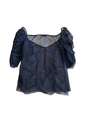 ZARA Navy Blue Sheer Polka Dot Top Size Medium thumbnail 2