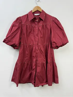 Tiered Puff-Sleeve Mini Dress in Burgundy size S thumbnail 3