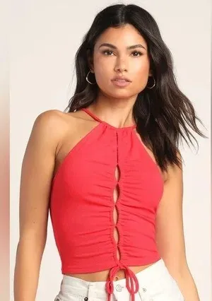 Lulus NWT Just a Hint Red Ruched Cutout Halter Top - Large thumbnail 2