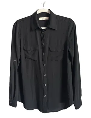 LOFT Black Utility Blouse Shirt Long Sleeve Roll Tab Button Down Pocket Top S thumbnail 1