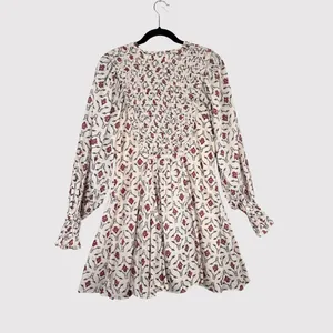 ZARA Mini Dress Beige Floral Puff Sleeve V Neck Lace Up Ruffle A Line Boho XS thumbnail 4