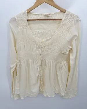 Anthropologie Black Swan Womens Cream Babydoll Top Size M Button Front Boho Smocked‎ thumbnail 1
