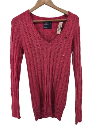 American Eagle Sweater Womens L Cable Knit V-Neck Pink Eagle Logo NEW thumbnail 1