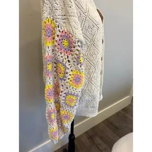 POL Women Cream Pointelle Knit BoHo Cardigan Crochet Granny Square Sleeve Large thumbnail 5