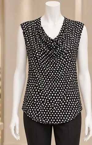 Worthington Womens Blouse Black White Geometric Mesh Cowl Neck Small thumbnail 1