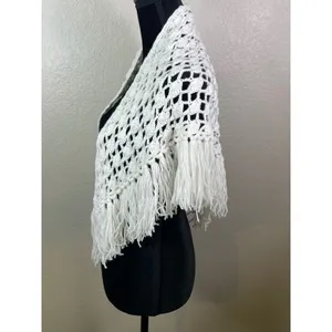 Womens Handmade OS Crochet Shawl White Fringe Open Knit Shell Stitch Wrap Boho thumbnail 3