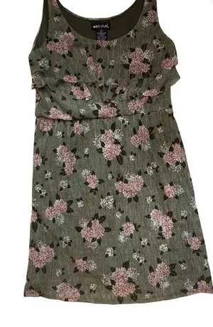 Wet Seal Olive Green Sleeveless Dress with Pink Floral Print thumbnail 1