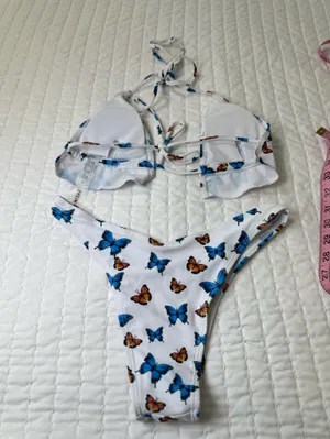 SHEIN White Bikini Set of Two with Blue & Orange Butterfly Print Size S thumbnail 4