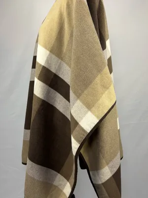 Plaid Open-Front Cape in Cream, Beige and Brown thumbnail 4