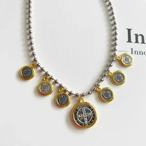 Anthropologie Gold Silver Plated Dangling Coins Necklace Beaded Chain stainless steel jewelry thumbnail 2