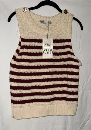 ZARA Cream and Burgundy Striped Knit Sleeveless Vest thumbnail 1