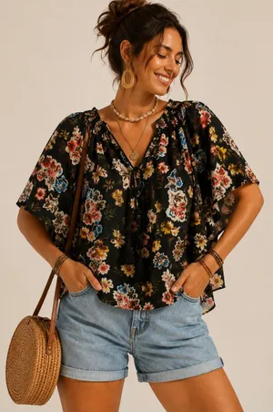 Marc New York Jeans Floral Oversized Blouse XL Black Multicolor Tassel Tie thumbnail 1
