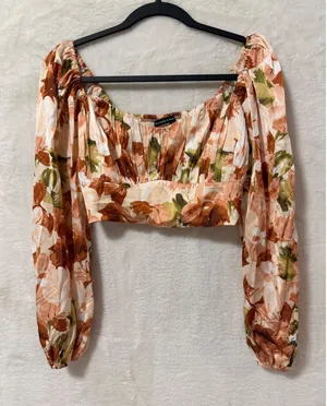 Abercrombie & Fitch Floral Satin Crop Top Medium Long Sleeve Blouse Orange thumbnail 1