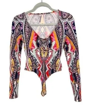 Free People Womens Paisley Lace Up Long Sleeve Bodysuit Multi Color‎ XS thumbnail 1