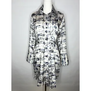 Banana Republic XS Abstract Shirt Dress NWT Belted Long Sleeve Blue White‎ Midi thumbnail 6