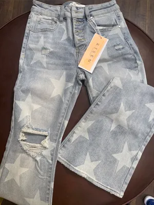 Risen Star Print Light Blue Wide Leg Jeans - Women thumbnail 1