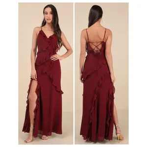 Lulus Fancy Sweetness Wine Red Ruffled Lace-Up Sleeveless Maxi Dress Size XL NWT thumbnail 2