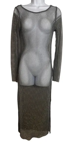 House of Harlow 1960 Silver Rhinestone Fishnet Mesh Maxi Dress XS Long‎ Sleeve thumbnail 1