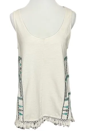 Madewell Cream And Navy Boho Embroidered Relaxed Tank With Fringe M thumbnail 1