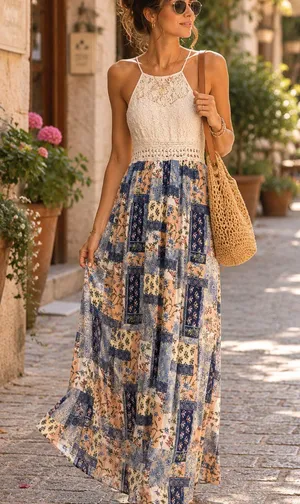 Boho Patchwork Floral Lace Halter Tie Waist Flowy Maxi Dress Size M thumbnail 1