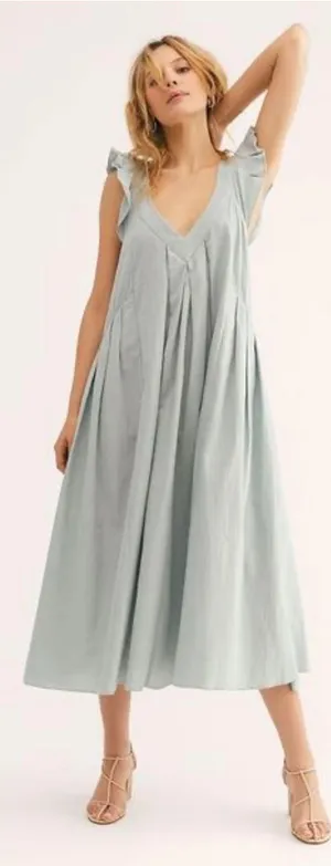 Free‎ People Midi Dress Womens XS Blue Ruffle V-Neck Linen Blend Boho Summer thumbnail 1