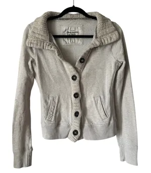 Y2k Abercrombie & Fitch Button Up Chunky Knit Collar Sweatshirt Cardigan Beige thumbnail 1