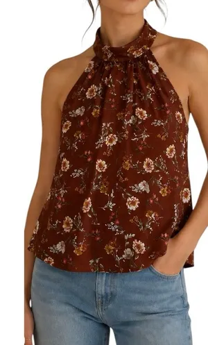 Vintage Brown Satin Floral Halter Neck Sleeveless Blouse Size Medium Coquette thumbnail 1