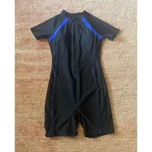 Black Blue Zip Front Short Sleeve Swimsuit Romper One Piece Size S thumbnail 2