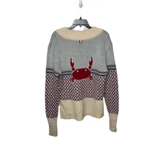 Yans Larat Red Crab Cream Blue V neck High Low Chunky Sweater Size Small Womens thumbnail 4