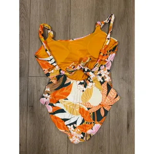 Aerie Real Good One Piece Swimsuit Orange Tropical Floral Tie Back Small S thumbnail 3