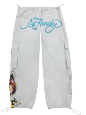 NWT Ed Hardy Drawstring Cargo Pants Grey Low Rise Butterflies Phoenix Graphic M thumbnail 1