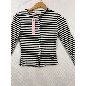 Qinsen Womens Striped Ribbed Knit Button Front Long Sleeve Cardigan Top Black S thumbnail 2