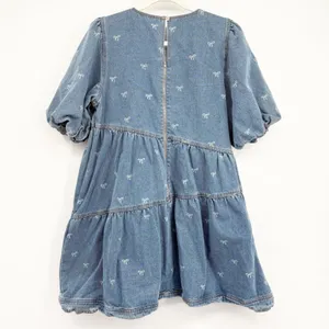 She + Sky Womens Bow Print Tiered Puff Sleeve Babydoll Denim Mini‎ Dress Size M thumbnail 10