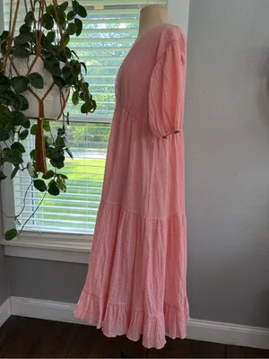 Sabo Skirt Pink Textured Tiered Midi Dress Puff Sleeve V-Neck XS thumbnail 7
