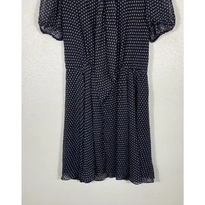 Betsey Johnson Navy Polka Dot Chiffon Puff Sleeve Tie Neck Knee Dress Size 10 thumbnail 5