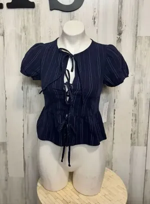 Kirious Los Angeles XS Navy Blue Pinstripe Tie-Front Peplum Top Puff Sleeve thumbnail 1