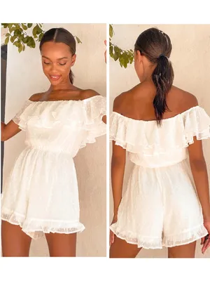 Lulus Frilled to Bits White Swiss Dot Off-the-Shoulder Romper Size Medium Beach thumbnail 2