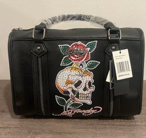 Ed Hardy Black Embellished Skull & Rose Satchel Bag w/ Strap thumbnail 1