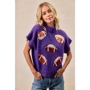 ✨NWT‎ BiBi Gameday Sequin Football Patches Rib Banded Sweater thumbnail 6