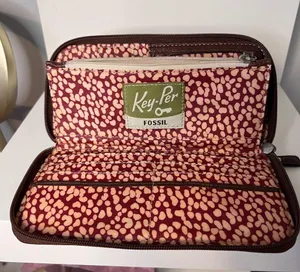 VTG Fossil Key-Per Floral Wallet Brown Leather Zip Around Clutch Organizer Purse thumbnail 4