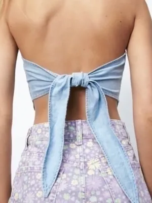 Zara Womens Bandana Denim Strapless Top Blouse Tie Back Medium thumbnail 5