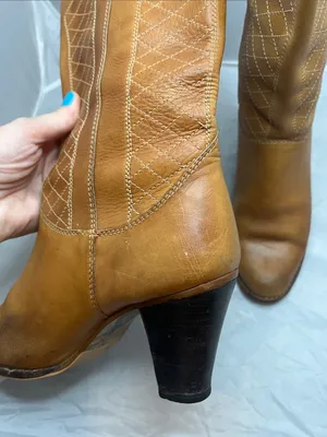 Women's 80s Vintage Tan Leather Mid-Calf Heeled Western Boots - Size 7B thumbnail 9