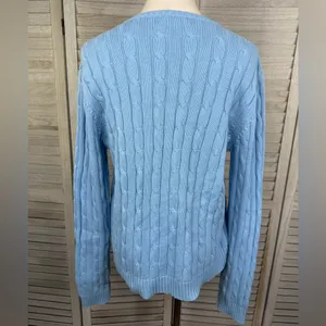 CHAPS Women's Light Blue V Neck 100% Cotton Cable Knit Sweater-Large thumbnail 2