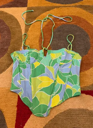 Sky To Moon Corset Top Spaghetti Strap / Halter Tie Blue Green Yellow Floral M thumbnail 1