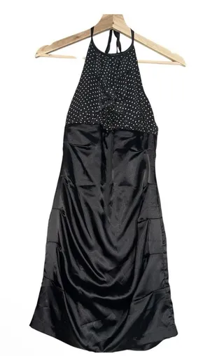 Roberta Mini Dress Womens Sz 3/4 Black Polka Dots Satin Y2K Halter Neck Back Zip thumbnail 1